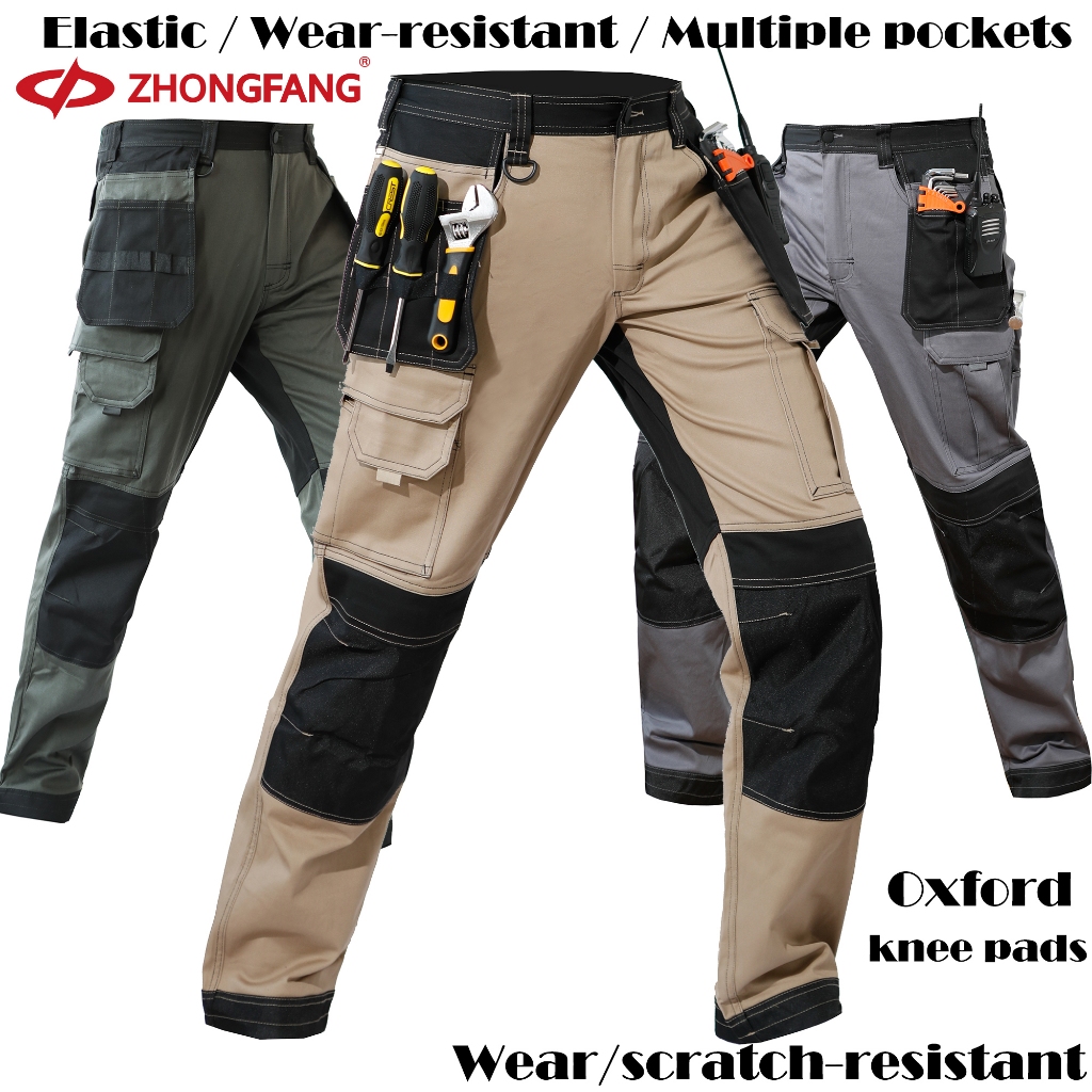 Zhongfang กางเกงทํางานก่อสร้างผู้ชายกางเกงผ้าฝ้ายกางเกงทํางานผู้ชายชุดทํางานพร้อมแผ่นรองเข่า