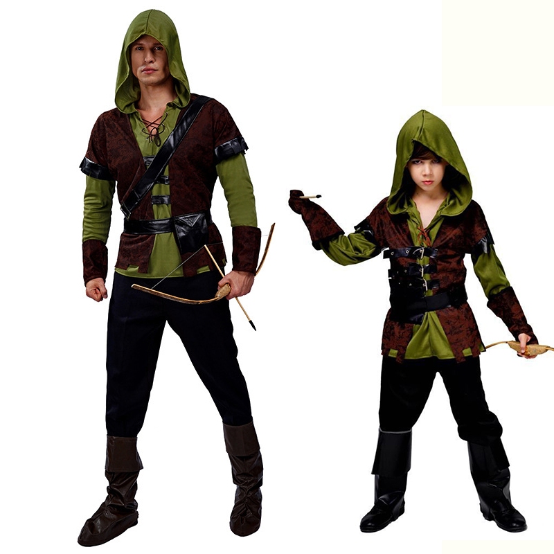 Man Hunter Hood Robin Hood เครื่องแต่งกายสําหรับเด็กผู้ใหญ่ Huntsman Hood เครื่องแต่งกายสีเขียว Deluxe คอสเพลย์แฟนซีชุดสําหรับฮาโลวีนเครื่องแต่งกาย Party