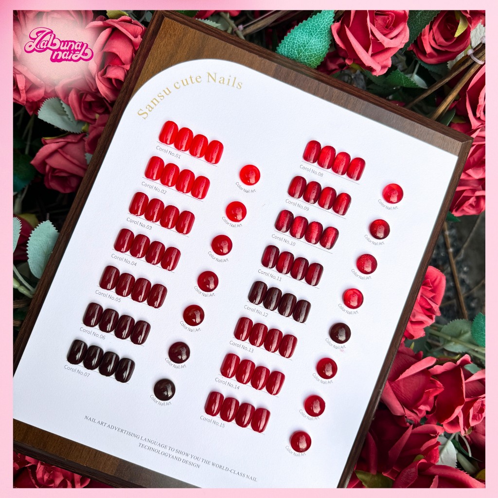 【พร้อมส่ง】SANSU ชุดยาทาเล็บเจล 15 สี (ซีรีส์สีแดง) 11 เจลพื้น 2 เจลแคทอาย 2 เจลไซรัป พร้อมบัตรสีฟรี