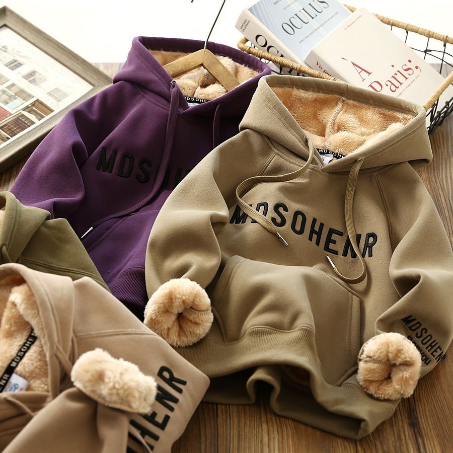 2024 ใหม่ฤดูใบไม้ร่วงฤดูหนาว Boys letter Plush หนา Warm Top Girls Hooded Lamb ขนแกะ 4-14Y