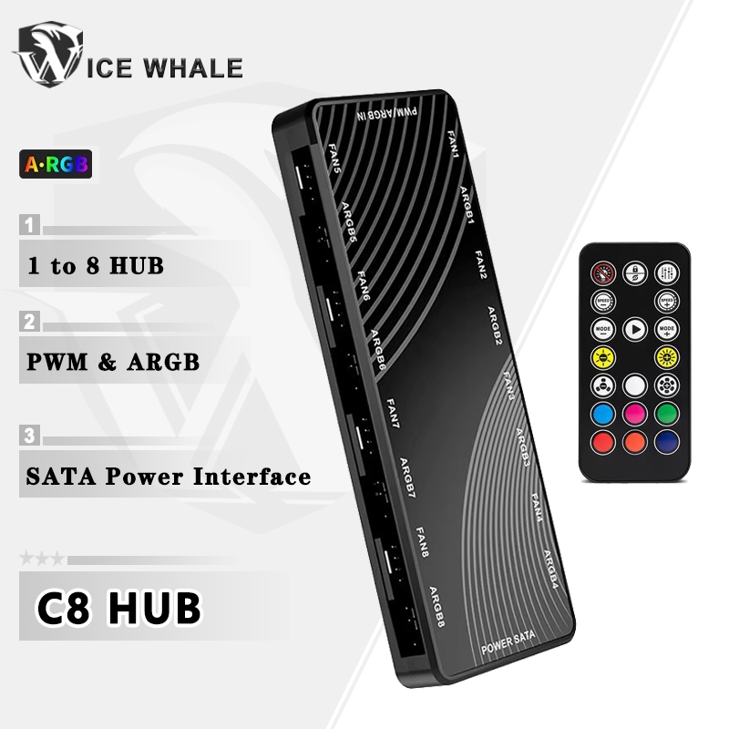 Ice Whale C8 1 ถึง 8 PWM & ARGB Case Fan Hub Splitter 4Pin PWM 3Pin แอดเดรส ARGB Adapter SATA Power Interface พร้อมรีโมทคอนโทรล