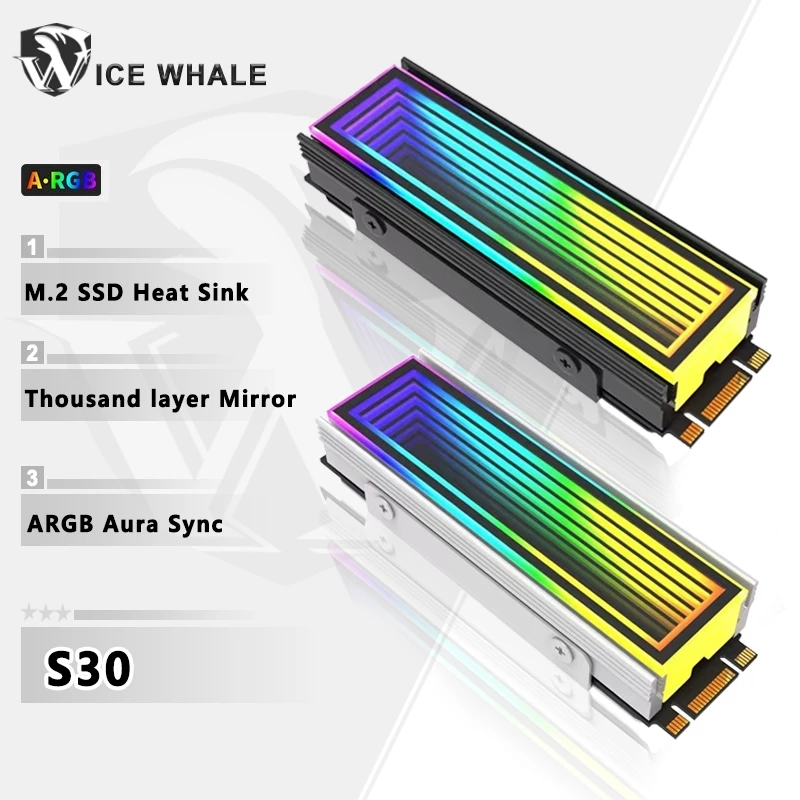 Ice Whale S30 M. 2 โซลิดสเตทไดรฟ์ SSD 2280 ฮีทซิงค์ ARGB ประสิทธิภาพแสงอลูมิเนียมทั้งหมดฮีทซิงค์ช่อง nvme กระจกพันชั้น