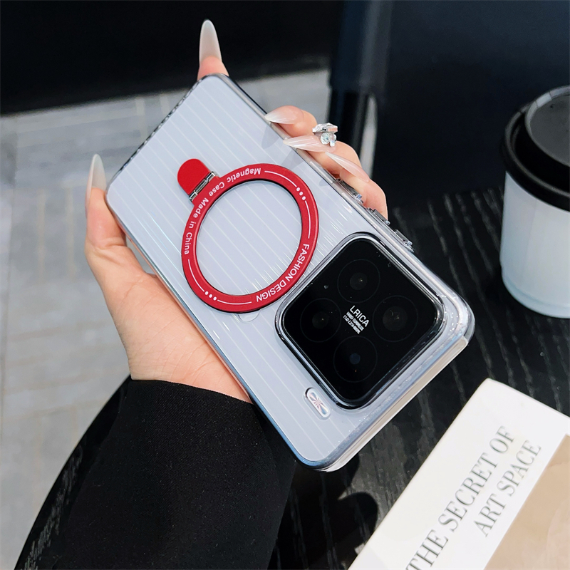 Clear Stripe Magnetic Bracket สําหรับ Xiaomi 15 14 13 Pro mi14 ultra Casing Slim Hard PC Stand Cover