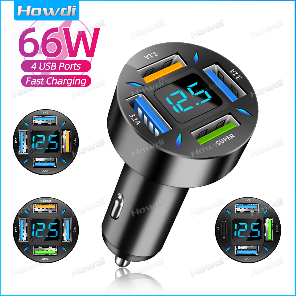 66w 4 พอร์ต USB Car Charger Fast Charging Quick Charge 3.0 PD Type C รถอะแดปเตอร์ชาร์จโทรศัพท์ในรถยนต์