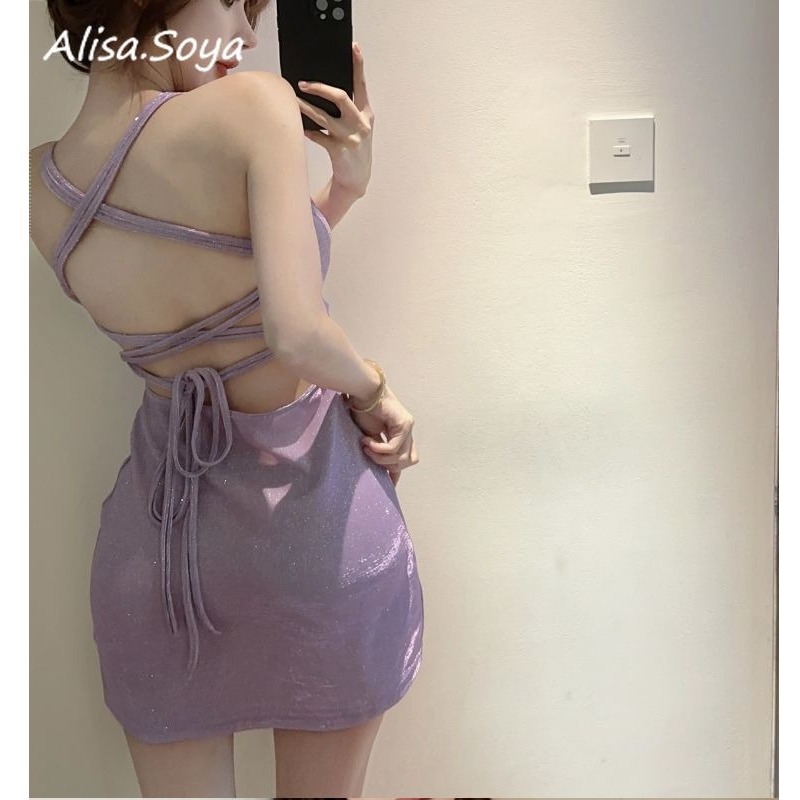 Alisa.sonya ชุดเดรสสั้นปาร์ตี้เซ็กซี่เปิดหลังแต่งกลิตเตอร์ผูกไขว้สำหรับผู้หญิง