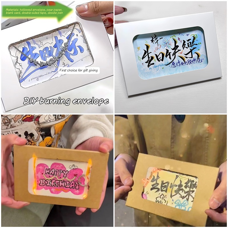 Creative Burning Birthday Greeting Card Diy Envelop Blessing Card ของขวัญทํามือ