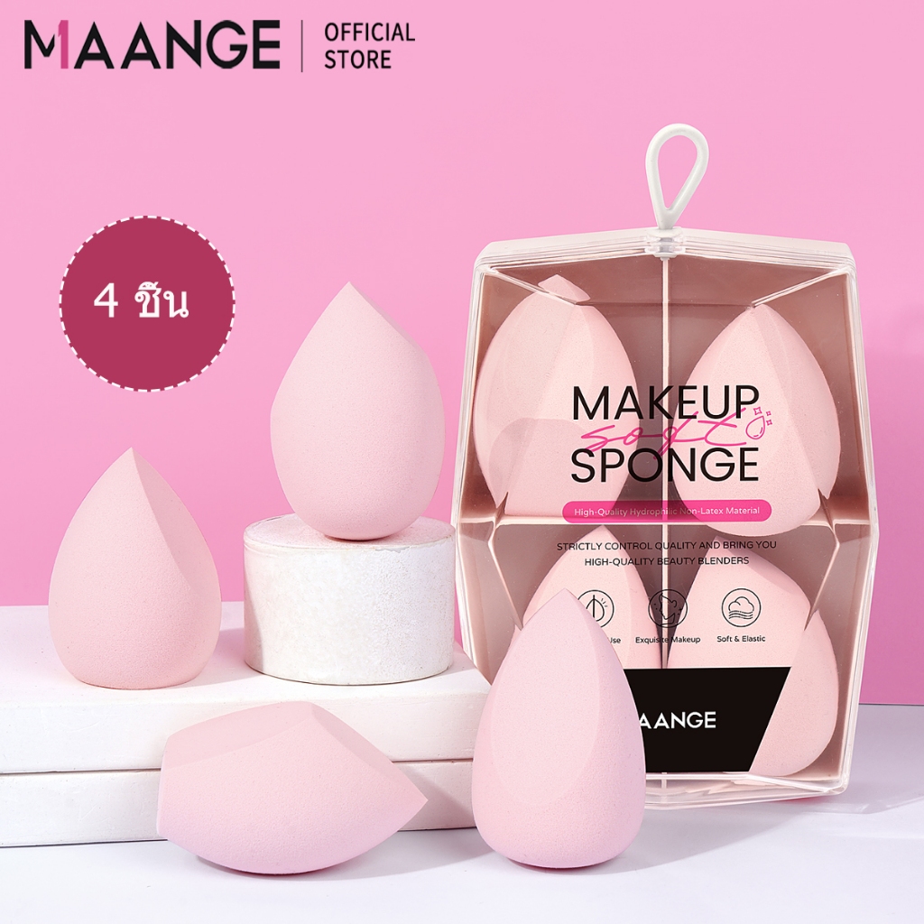 MAANGE ฟองน้ําแต่งหน้านุ่มและยืดหยุ่น 4 ชิ้นพร้อมกล่องสามารถใช้สําหรับแห้งและเปียกสําหรับรองพื้นครีมไฮไลท์แป้งฝุ่น