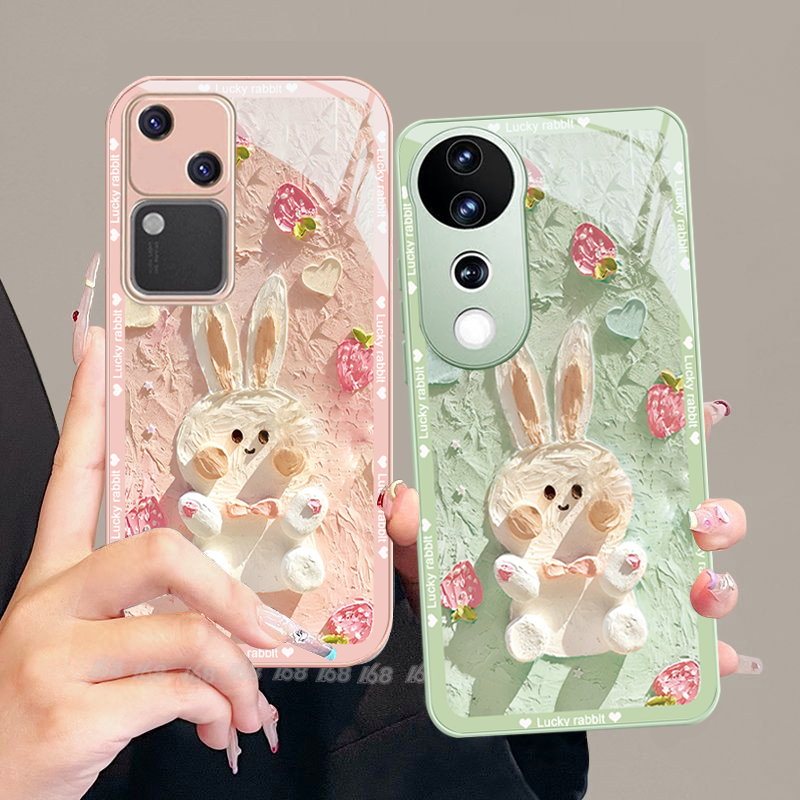 เคส Vivo V40 V30 5G เคส Vivo V30 V40 Pro เคสกันกระแทกการ์ตูนน่ารักกระต่ายภาพวาดสีน้ํามันดอกไม้สไตล์พร้อมฝาครอบกล้องเลนส์ Protector หรูหราของเหลวแก้วเคสโทรศัพท์สําหรับเด็กผู้หญิงผู้หญิง
