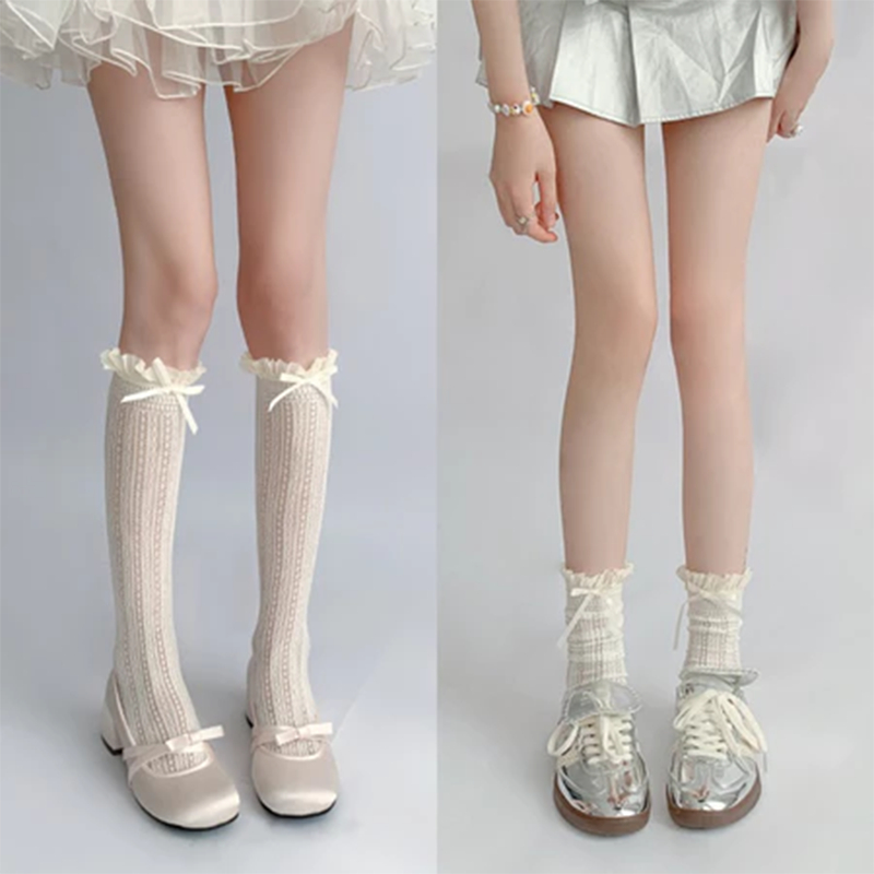 COD สไตล์ญี่ปุ่นสาวหวานถุงเท้ายาวถุงน่อง JK Lolita Bowknot Ruffles เข่าถุงเท้าผู้หญิง ฉลุลาย ตาข่าย ถุงน่อง เครื่องประดับแฟชั่น-aidderse.th