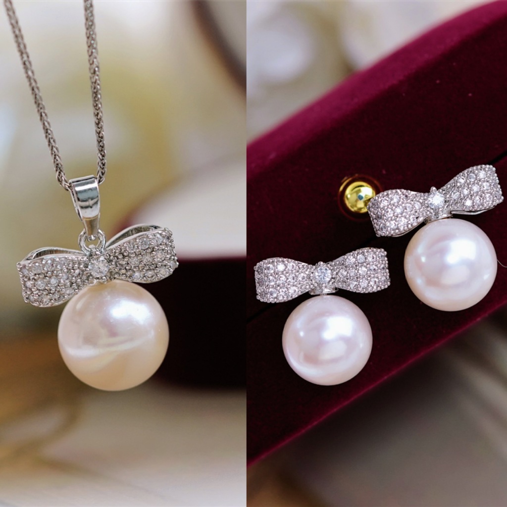 Diy Pearl Accessories ชุดต่างหูสตั๊ดจี้โบว์ชุบทอง