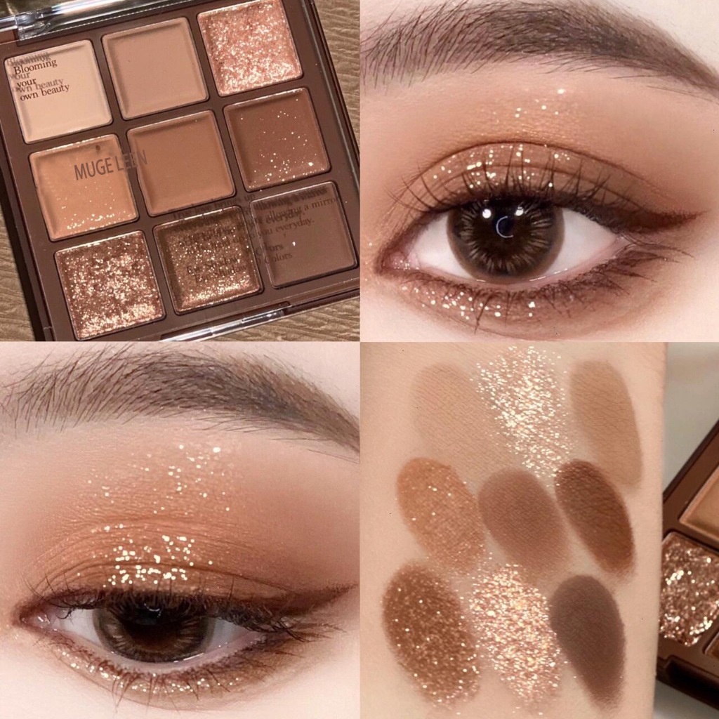 Chocolate Jiugongge Eyeshadow Palette Glitter Pearlescent Matte Earth Color Nine Color Eyeshadow [ชุด 4 รูปแบบ]