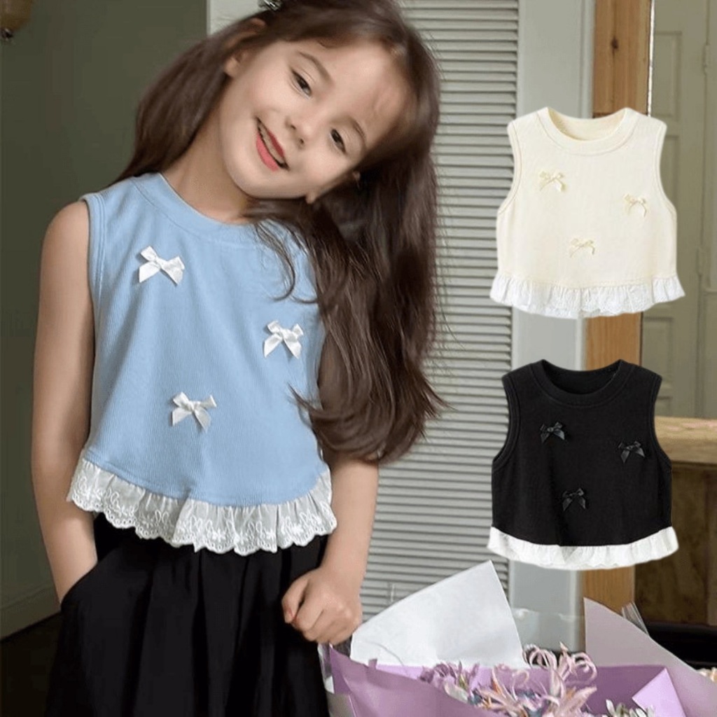 1-8 ปี OOTD สําหรับเด็กเด็กผู้หญิงสไตล์เกาหลีน่ารักริบบิ้นลูกไม้ออกแบบเสื้อแขนกุดสําหรับเด็กผู้หญิง