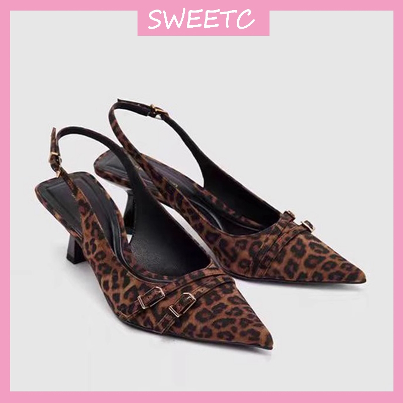 Sweetc รองเท้าสําหรับผู้หญิงแฟชั่น Pointed Toe Suede เสือดาวพิมพ์ Stiletto Slingback รองเท้าส้นสูง