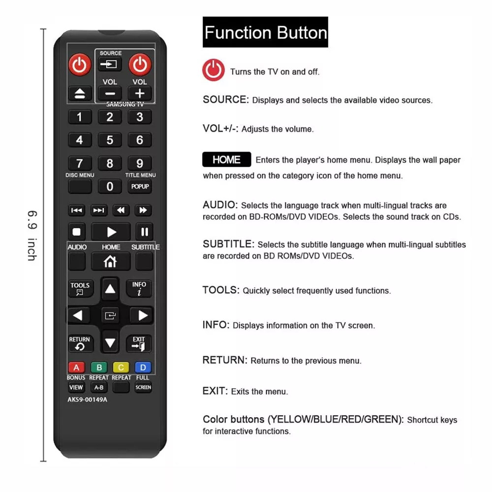 ใหม่ AK59-00149A สําหรับ SAMSUNG Blu-Ray DVD Player REMOTE BD-F5700/ZA AK59-005166A สมาร์ททีวีเปลี่ยนระยะไกล AK59-0011A สําหรับ DVD BluRay สําหรับ BD-F5100 BD-FM51 BD-FM57C BD-H5100