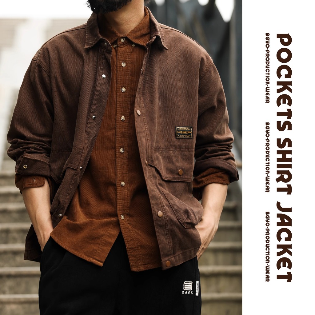 American Retro ดอกไม้ผ้ากอซ Dark รูปแบบ Cargo Jacket ผู้ชายกว้างเล็กน้อยปก High-End เสื้อแขนยาวแจ็คเก็ต