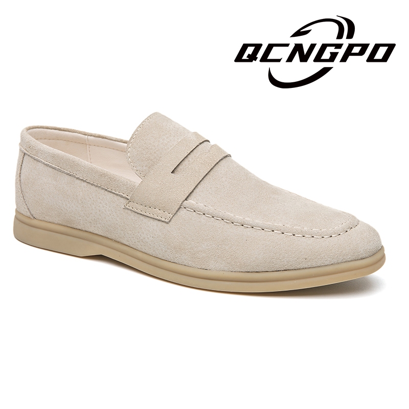 รองเท้าโลฟเฟอร์ลําลอง หนังนิ่มเทียม หัวกลม สีเบจ แฟชั่นสําหรับผู้ชาย เหมาะกับงานปาร์ตี้ งานแต่งงาน