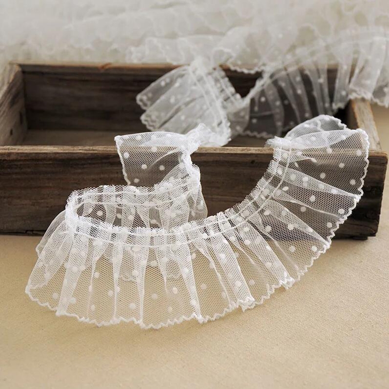 1 หลาสีดําและสีขาว Polka Dot จีบตาข่ายลูกไม้ DIY กระโปรงอุปกรณ์เสริมผม Lolita ตกแต่งลูกไม้ 6 ซม.กว้าง