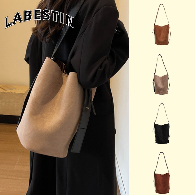 LABESTIN ความจุขนาดใหญ่อเนกประสงค์ใหม่ย้อนยุคเคลือบไหล่ของ Messenger กระเป๋าเนื้อถุงถังยอดนิยม