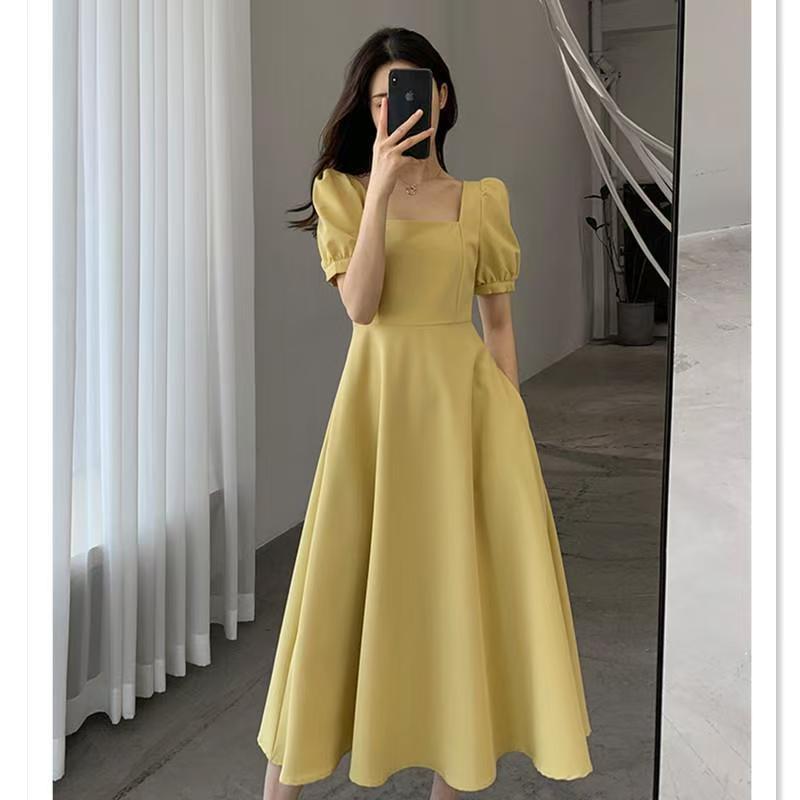 ชุดเดรสกระโปรงยาว คอสี่เหลี่ยม สีเหลืองอ่อน สไตล์เฮปเบิร์น แฟชั่นแฟรี่ สําหรับสตรี