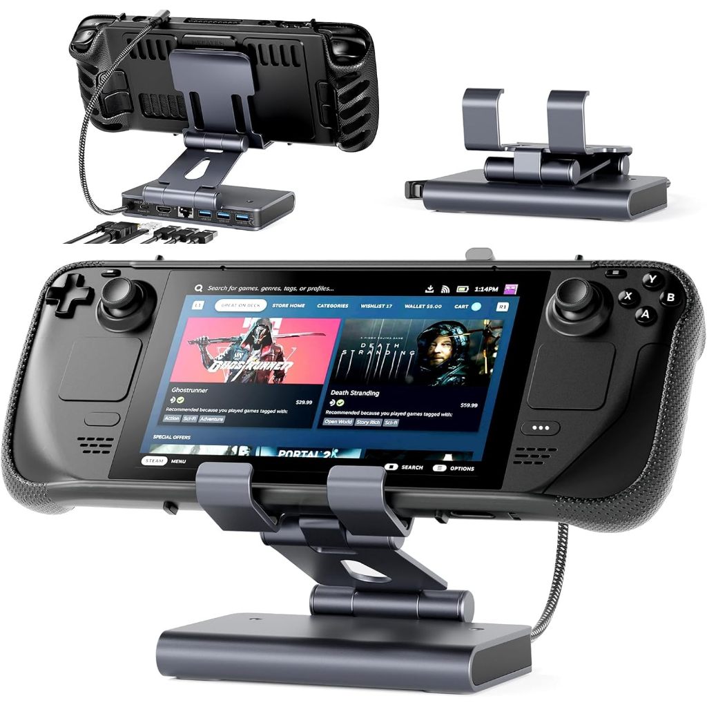 สถานีตั้งที่ปรับได้พร้อมพัดลมระบายความร้อนคู่สำหรับ Steam Deck (OLED)/Nintendo Switch (OLED)/Rog Ally (X)/Legion Go/MSI Claw