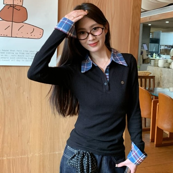 Hermarou เสื้อยืดผู้หญิง แขนยาว คอโปโล ทรงเข้ารูป ปลอม 2 ชิ้น