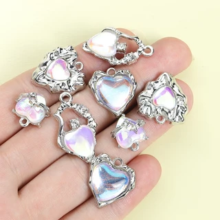 10 ชิ้นที่ละเอียดอ่อน Dreamy Love Heart Series Faux Moonstone แก้ว Inlay Alloy Charms - วันวาเลนไทน์โรแมนติกคู่เครื่องประดับของขวัญสร้อยคอสร้อยข้อมือต่างหู DIY จี้โลหะมันวาว