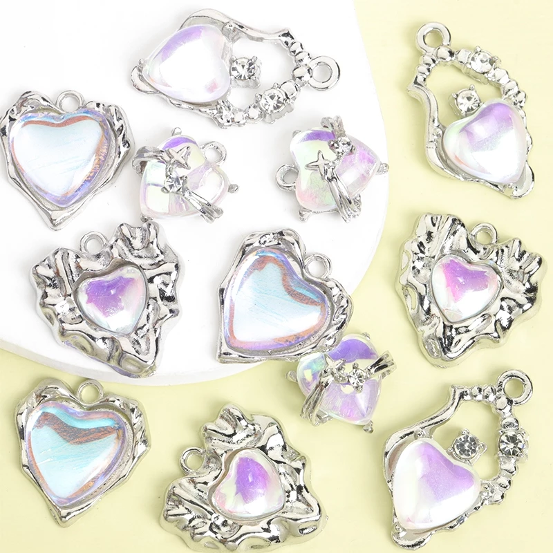 10 ชิ้นที่ละเอียดอ่อน Dreamy Love Heart Series Faux Moonstone แก้ว Inlay Alloy Charms - วันวาเลนไทน์โรแมนติกคู่เครื่องประดับของขวัญสร้อยคอสร้อยข้อมือต่างหู DIY จี้โลหะมันวาว