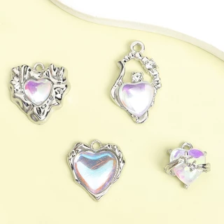 10 ชิ้นที่ละเอียดอ่อน Dreamy Love Heart Series Faux Moonstone แก้ว Inlay Alloy Charms - วันวาเลนไทน์โรแมนติกคู่เครื่องประดับของขวัญสร้อยคอสร้อยข้อมือต่างหู DIY จี้โลหะมันวาว