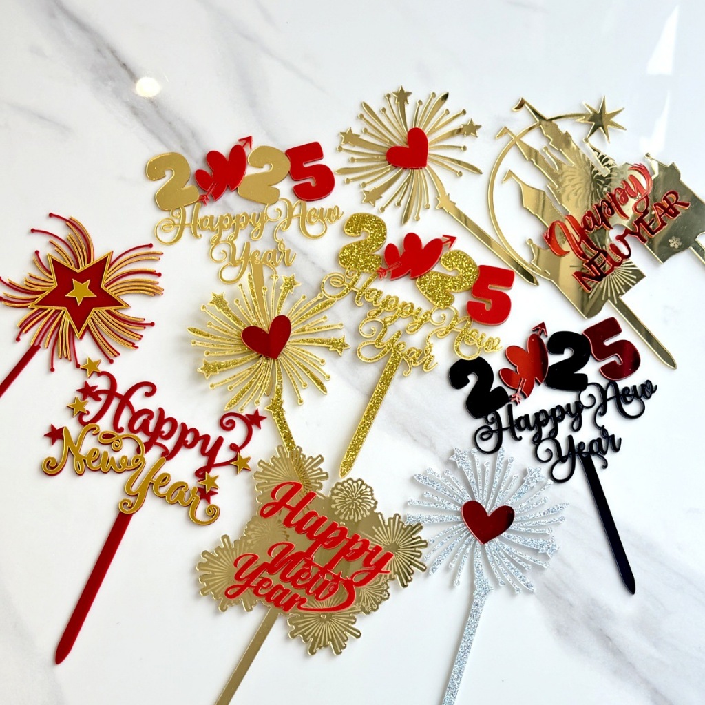 1 ชิ้นสวัสดีปีใหม่ 2025 Cupcake Topper Glitter Gold Firework เค้กตกแต่งปีใหม่ Eve Party อุปกรณ์ตกแต่งคริสต์มาสของขวัญ