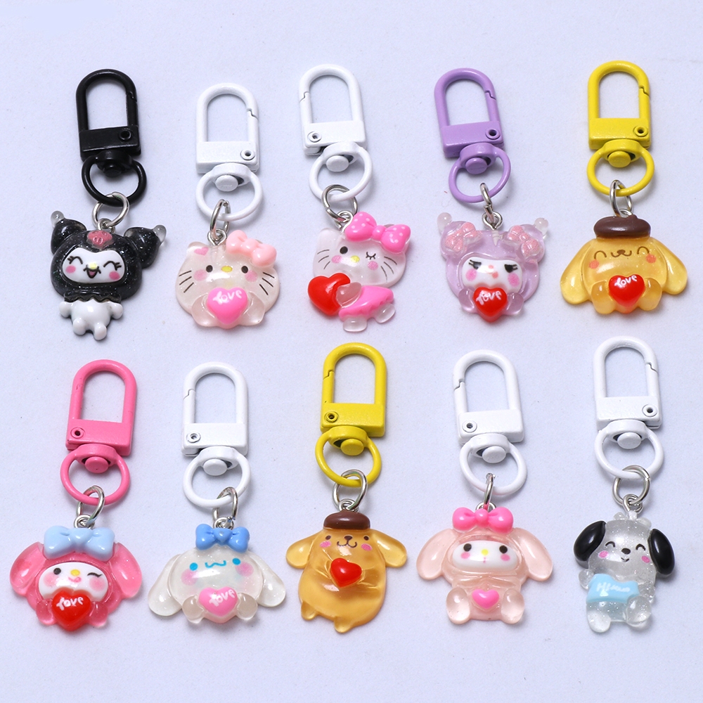 SANRIO 1ชิ้นที่มีสีสันซานริโอสัตว์พวงกุญแจกระต่ายน่ารักการ์ตูนเรซิ่นจี้กระเป๋าเป้สะพายหลังพวงกุญแจของขวัญ