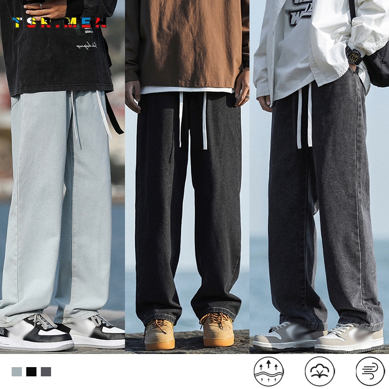 TSR.Men กางเกงยีนส์ยาวชาย ทรงกระบอกเอวสูง ใส่สบาย เอวยางยืด ปรับเอวด้วยเชือก เท่ๆเข้ากับทุกแนว 3สี ฟ้าอ่อน ดำ ยีนส์ เทา ส่งเร็วในไทย