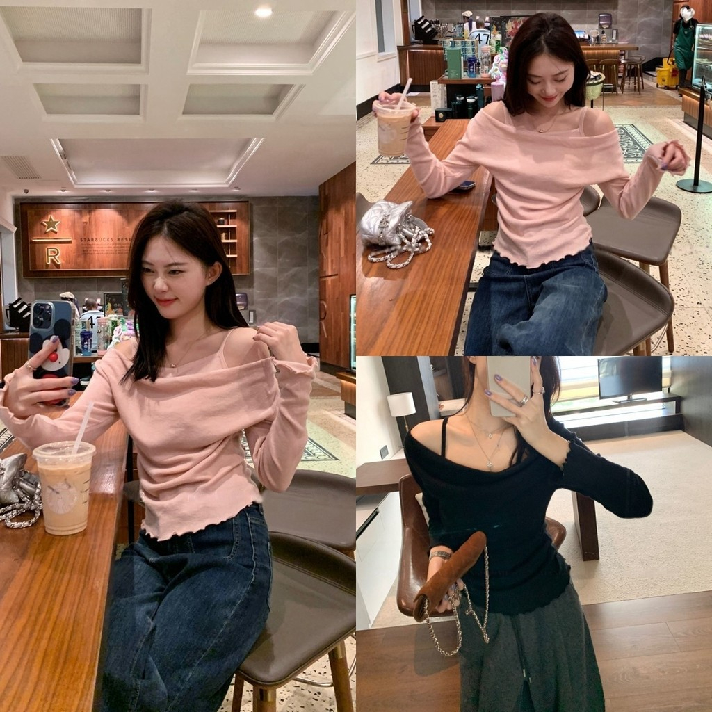 Bella Shop สไตล์ฝรั่งเศส สไตล์อ่อนโยน เสื้อยืดแขนยาวปลอมสองชิ้นสำหรับผู้หญิง เสื้อเปิดไหล่สีชมพู