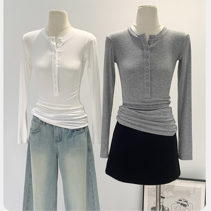 82289 คอกลมปุ่มสลิมฟิตเสื้อยืดแขนยาว จุดต่ําสุด เสื้อ