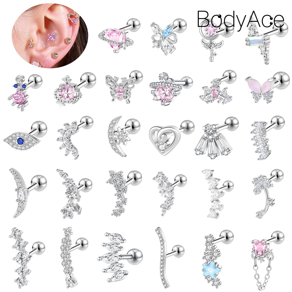 Bodyace 1 PC 18G/16G สีชมพูคริสตัลสตั๊ดต่างหูสแตนเลสมงกุฎดาวโซ่หูสตั๊ดผีเสื้อ Conch กระดูกอ่อนเจาะ