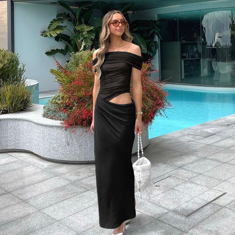 แปลก Puss Slash-คอชุดไม่สม่ําเสมอแขนPatchwork Hollow OutรูปเอวHip-CoveringดูSlimmerสไตล์อเมริกัน