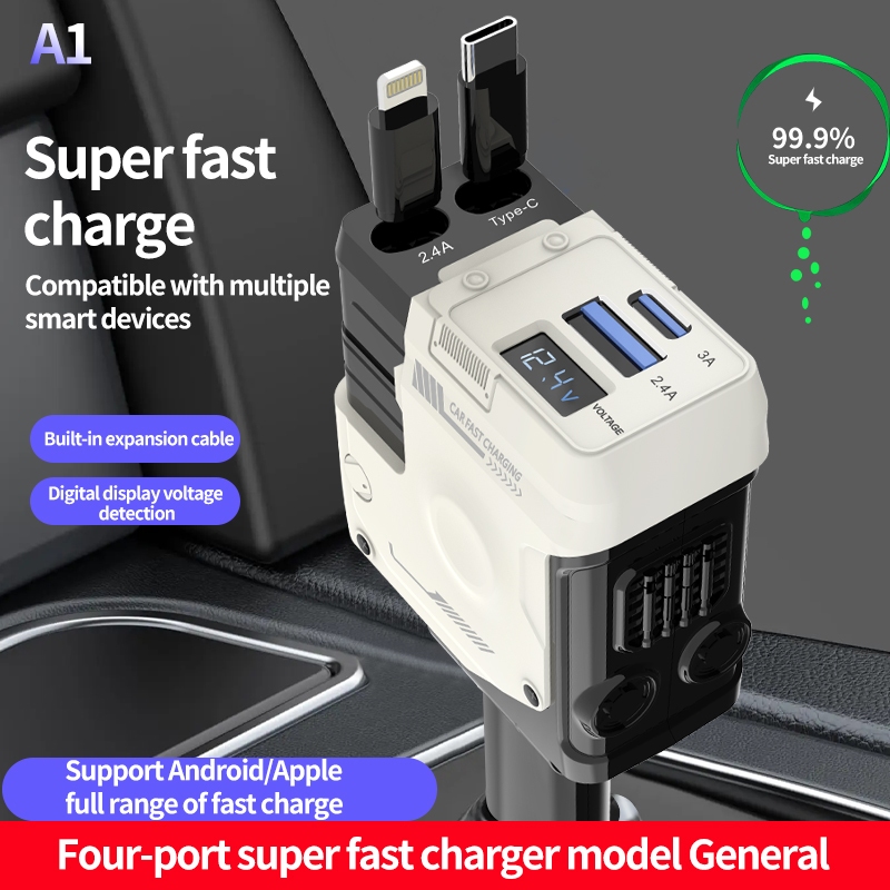 เครื่องชาร์จในรถยนต์ 4IN1 PD120W 6A ชาร์จเร็ว สายเคเบิล ที่หดได้ Type-C สายข้อมูล USB Lightning