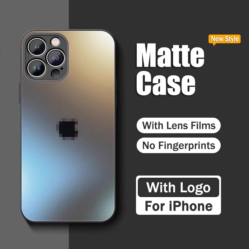 พร้อมโลโก้ ตรง Square Edge Frosted กระจกนิรภัยกันกระแทก Hard เคสโทรศัพท์สําหรับ iPhone 16 15 14 13 12 11 Pro Max XS XR X 15 Plus Matte Glass Anti-fall เคสโทรศัพท์ฝาครอบ