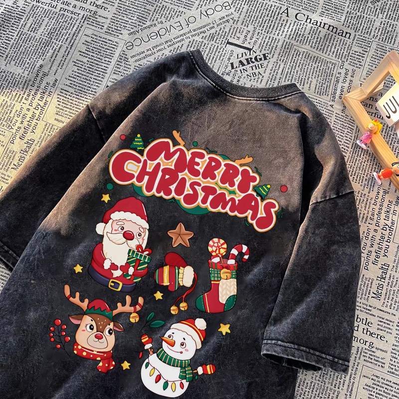 Pofloret เสื้อ christmas เสื้อยืดฟอก oversize ผ้าฟอกวินเทจ พิมพ์ลายต้นไม้คริสต์มาส #I000417