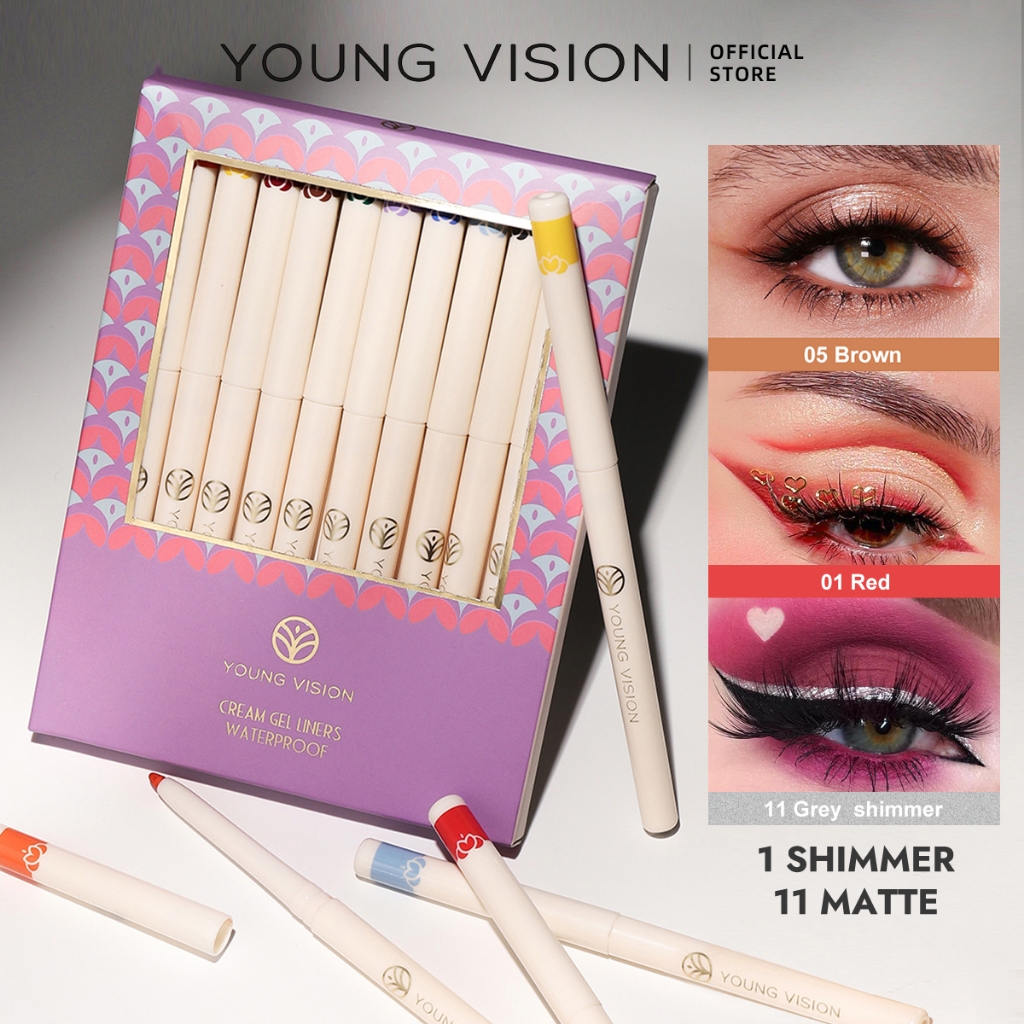 YOUNG VISION หนุ่ม วิสัยทัศน์ ชุดดินสอเจลอายไลเนอร์กันน้ํา 12 สี เม็ดสีสูงติดทนนาน