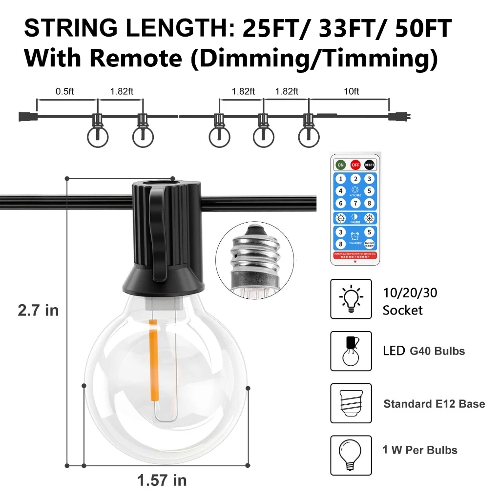 Amiluo 20M ไฟโซล่าเซลล์แบบสว่างมาก โคมไฟสวน หลอดไฟพลังงานแสงอาทิตย์ G40 ไฟ LED กลางแจ้ง 8 โหมด Waterpoor Garden Party Fairy Light - รูปที่ 7