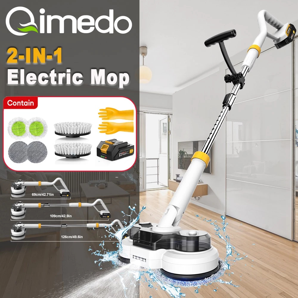 Qimedo 6 In 2 แปรงทําความสะอาดไฟฟ้าไร้สาย 300ml ถังน้ํา, Spin Mop พร้อมไฟหน้า LED และ Sprayer