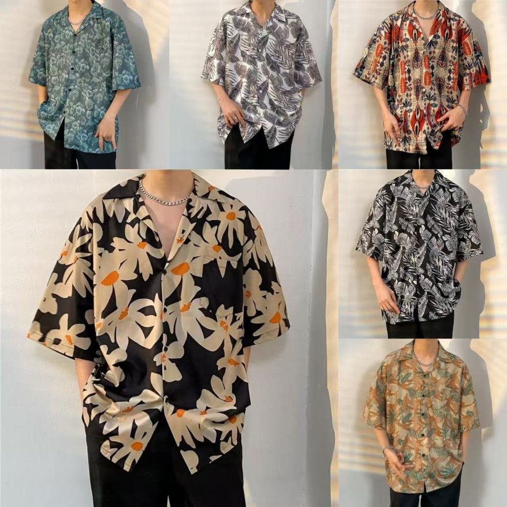 เสื้อเชิ้ตแขนสั้นลําลอง ทรงหลวม ลายดอกไม้ เหมาะกับเดินชายหาด แฟชั่นฤดูร้อน สไตล์ฮาวาย สําหรับผู้ชาย M-3XL 100 แบบ รุ่น S30