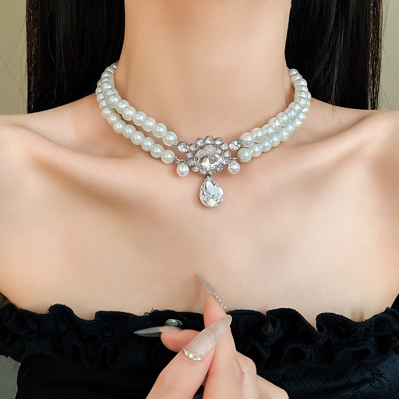 [Jewbeauty] ฝรั่งเศสฝังเพชรหยดสองชั้นสร้อยคอมุกเทียมแสงหรูหราซูเปอร์นางฟ้าคุณภาพกระดูกไหปลาร้าโซ่แฟชั่นย้อนยุคสร้อยคอสําหรับผู้หญิง