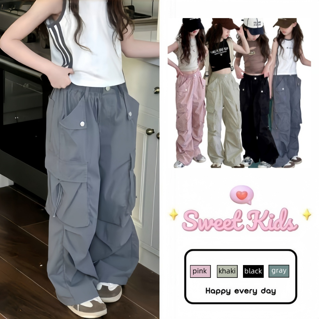 SweetKids พร้อมส่งจากกทม🌸กางเกงขายาวเด็กผู้หญิง🍓กางเกงคาร์โก้บางสําหรับฤดูร้อน หลวมพอดี ฮิปฮอปอินเทรนด์