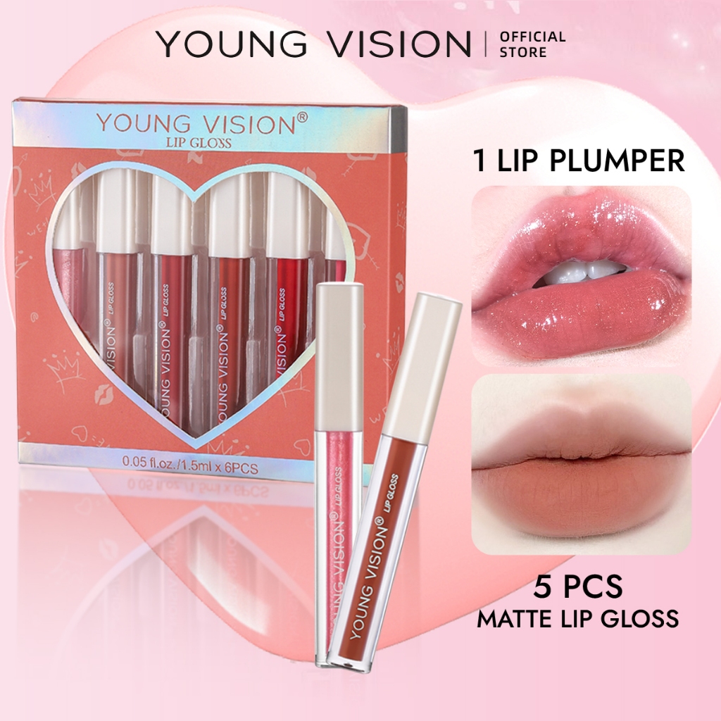 YOUNG VISION ชุดลิป โกลส์ เบล벳 6 สี 1 ลิป โกลส์ แบบกระจก + 5 ลิป โกลส์ แบบแมท