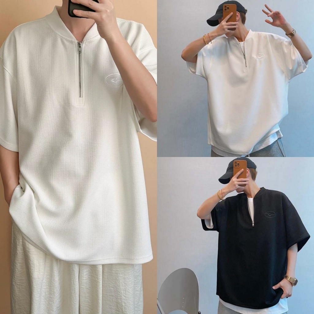 ProMan-แขนสั้นวาฟเฟิลด์  เสื้อยืดวินเทจสไตล์อเมริกัน  เรียบง่าย  สีล้วน  ลำลอง  ซิป