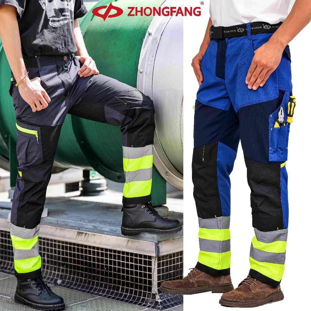 Zhongfang Ripstop สะท้อนแสงความปลอดภัยกางเกงทํางานผู้ชายกางเกงขี่รถจักรยานยนต์ก่อสร้างกางเกงทํางาน