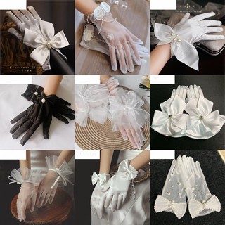 ถุงมือแต่งงานเจ้าสาวชุดแต่งงานอุปกรณ์เสริมลูกไม้มุกซาตินถุงม…