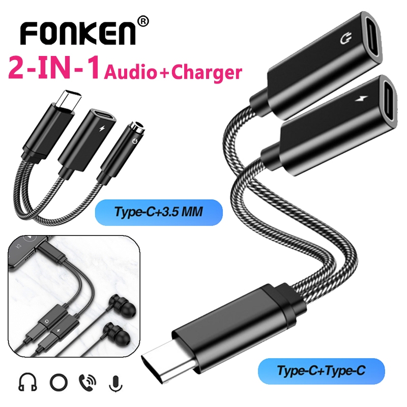Fonken 2 in 1 USB C อะแดปเตอร์เสียงแจ็ค 3.5 มม.หูฟัง Type-C สายชาร์จเร็ว