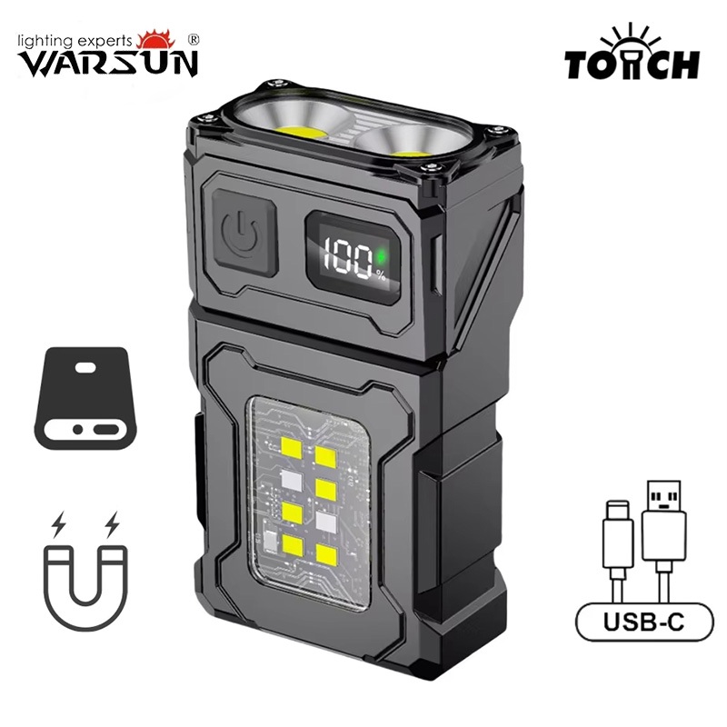 Warsun DC08 ไฟฉายมินิ 2 หัว USB-C มีไฟข้าง หมุนได้ มีคลิป แม่เหล็ก กันน้ำ หน้าจอดิจิตอล